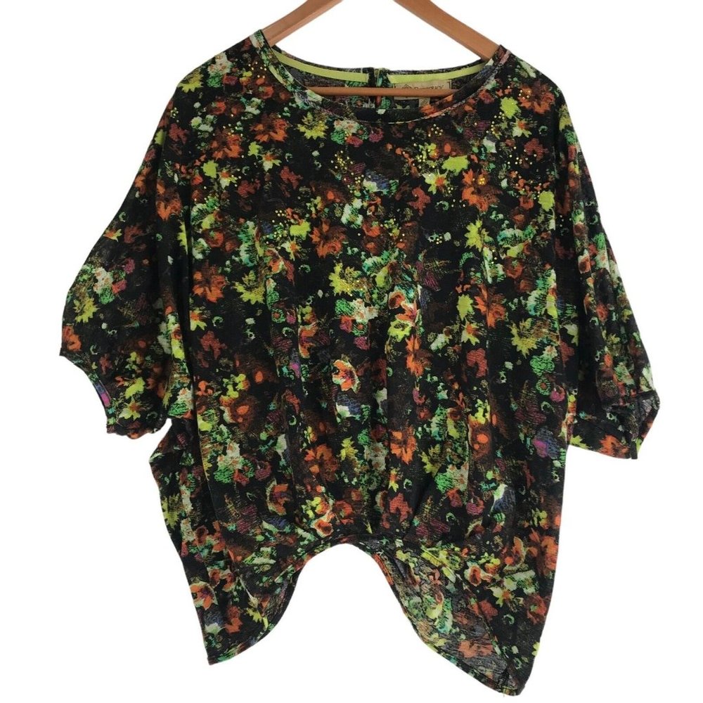 Democracy Blouse Women’s Size Large L Floral Abstract‎ Sequins Orange Yellow